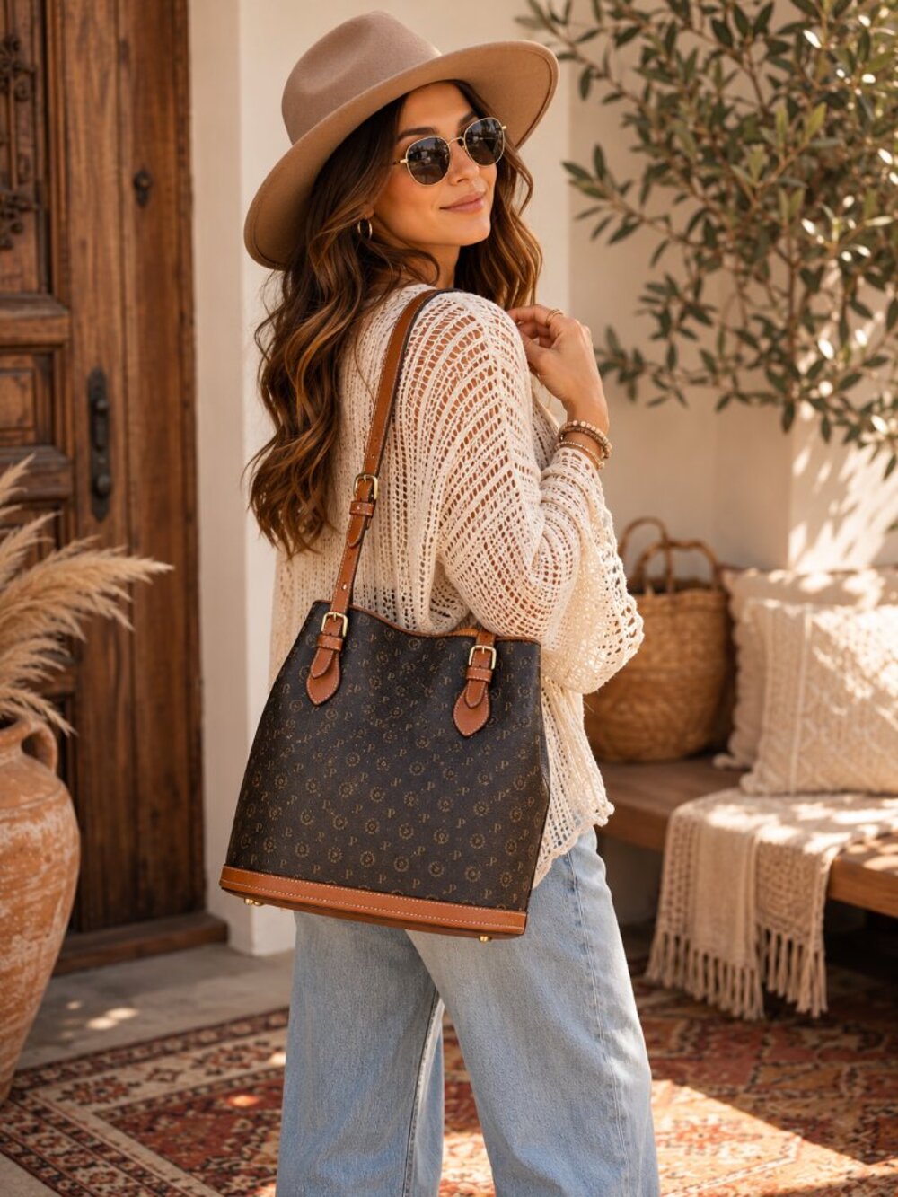 VINTAGE POLLINI Bucket Tote Hobo Bag-Heritage Monogram-with Pouch EUC